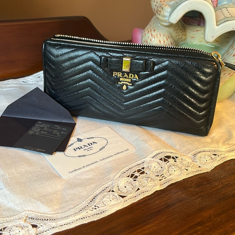 Prada long zip leather black quilted wallet